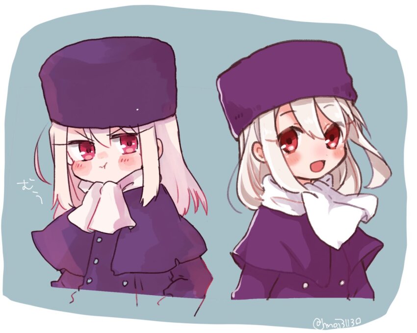 1girl blush coat fate/zero fate_(series) fur_hat hat illyasviel_von_einzbern long_hair looking_at_viewer multiple_views papakha pout purple_coat purple_headwear red_eyes saihara scarf sketch smile white_hair