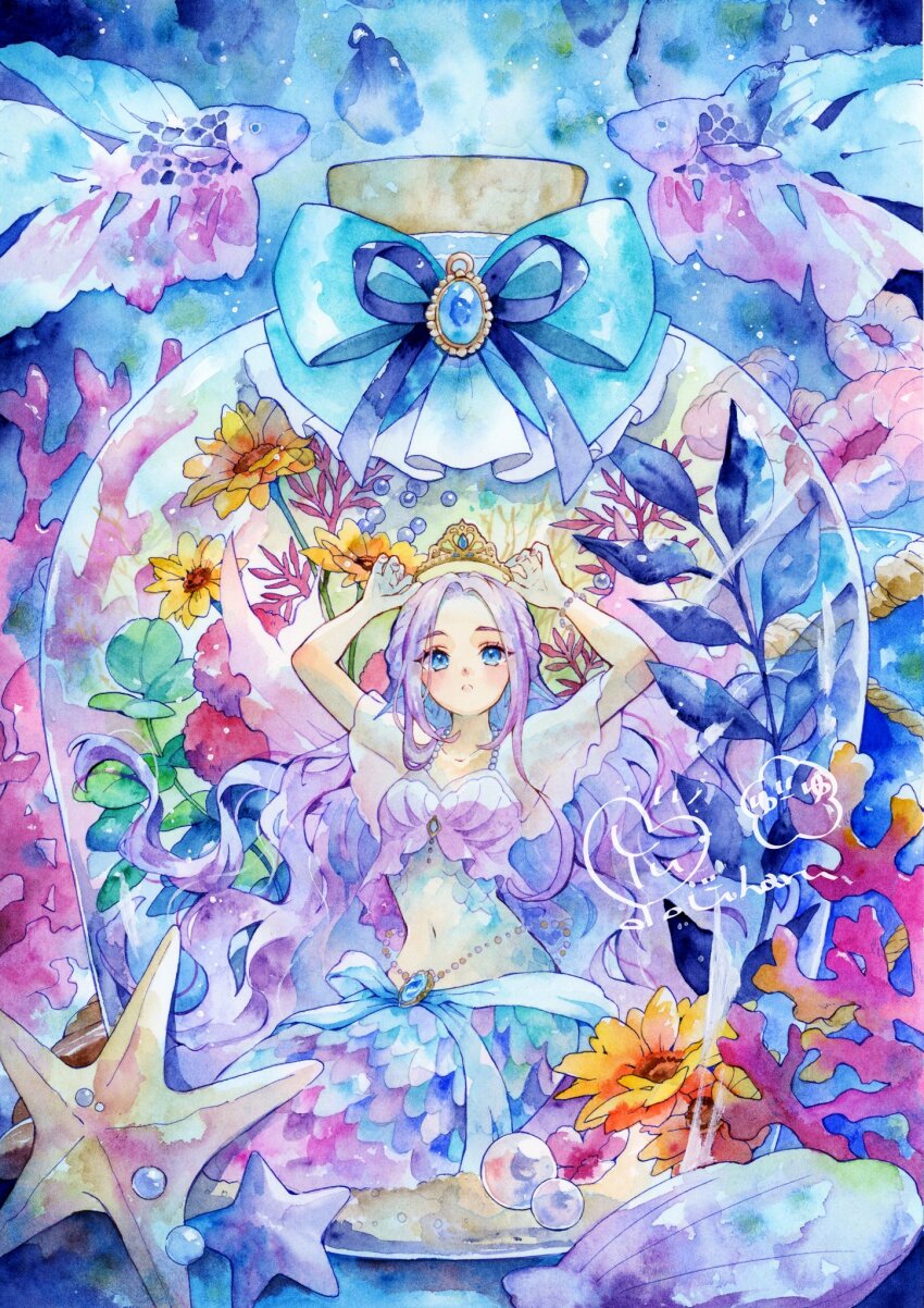 1girl :c arms_up artist_name bead_bracelet beads blue_bow blue_eyes blue_gemstone blue_ribbon blue_scales bow bra bracelet breasts collarbone commentary coral crown english_commentary fish fish_request flower_request gem gold_tiara highres in_container in_jar jar jewelry long_hair looking_at_viewer mermaid monster_girl navel original painting_(medium) parted_bangs plant purple_bra purple_hair purple_scales putting_on_headwear ribbon seashell shell solo starfish stomach traditional_media underwear very_long_hair watercolor_(medium) wavy_hair yuyuharu_1027