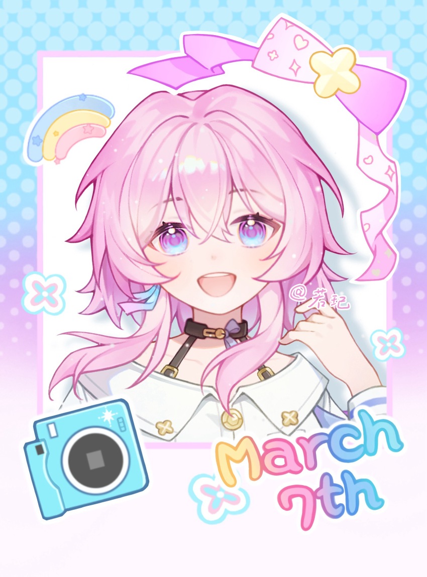 1girl :d black_choker blue_eyes bra_strap camera character_name choker highres honkai:_star_rail honkai_(series) long_hair looking_at_viewer march_7th_(honkai:_star_rail) march_7th_(preservation)_(honkai:_star_rail) open_mouth pink_hair portrait purple_eyes ruo_qi shirt smile solo white_shirt