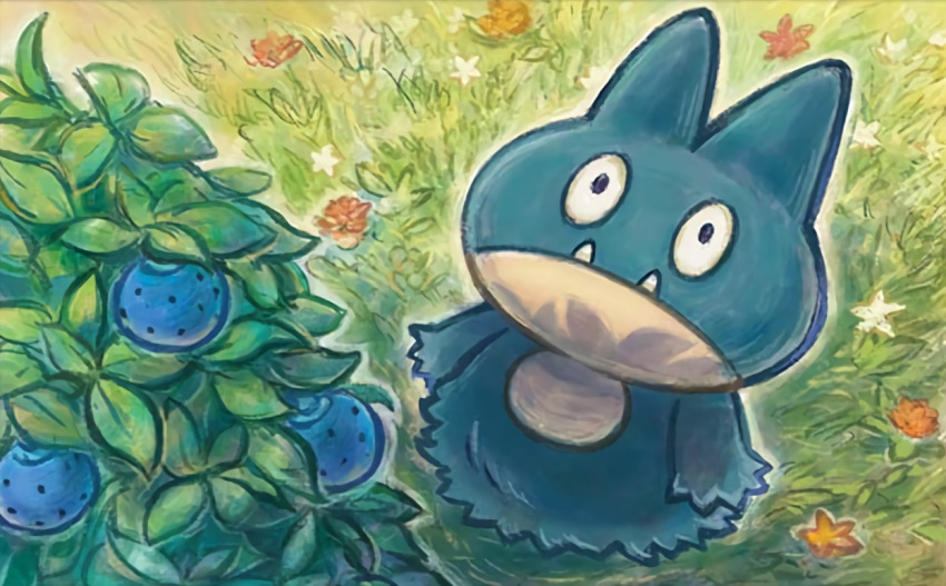 berry_(pokemon) black_eyes closed_mouth creature fangs flower food fruit full_body gen_4_pokemon grass looking_up munchlax nintendo no_humans official_art oran_berry plant pokemon pokemon_(creature) pokemon_tcg solo sowsow standing third-party_source