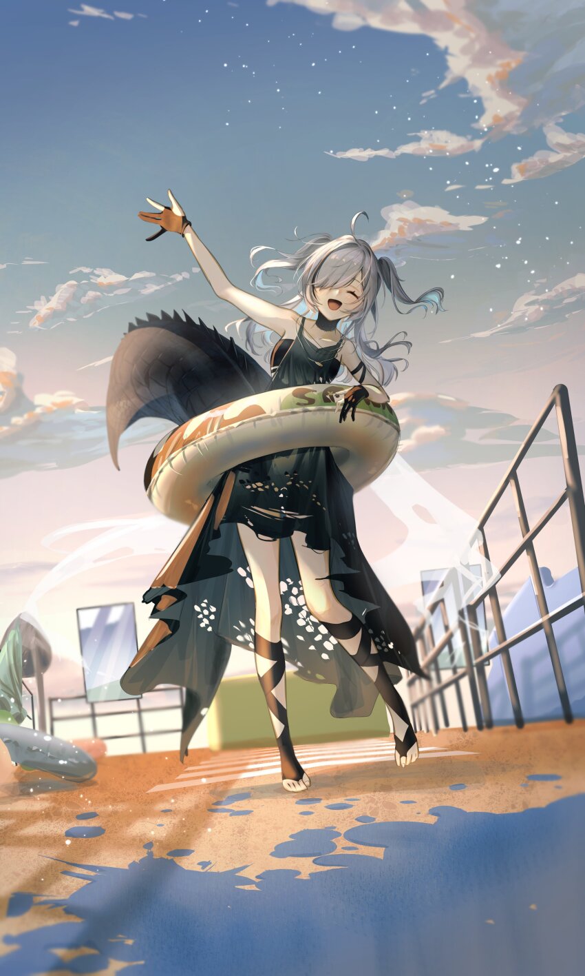 1girl absurdres ahoge arknights black_dress black_gloves black_socks blue_sky blush character_print closed_eyes cloud commentary crocodilian_tail dress eunectes_(arknights) full_body gloves grey_hair hair_over_one_eye highres holding holding_swim_ring innertube large_tail long_hair natsuba002 open_mouth outdoors partially_fingerless_gloves railing rooftop side_ponytail sky smile socks solo sunset swim_ring tail toeless_legwear tomimi_(arknights) waving