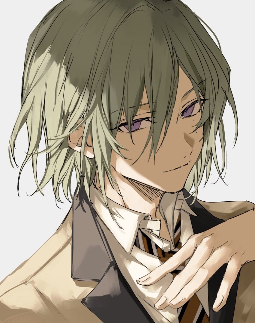 1boy closed_mouth collared_shirt ensemble_stars! fingernails from_above green_eyes hair_between_eyes hand_on_own_chest highres jacket kazehaya_tatsumi long_bangs looking_at_viewer male_focus medium_hair mole mole_on_cheek mole_under_eye necktie nozz177 portrait purple_eyes red_necktie school_uniform shirt sidelighting simple_background smile solo striped_necktie white_background white_shirt yellow_jacket