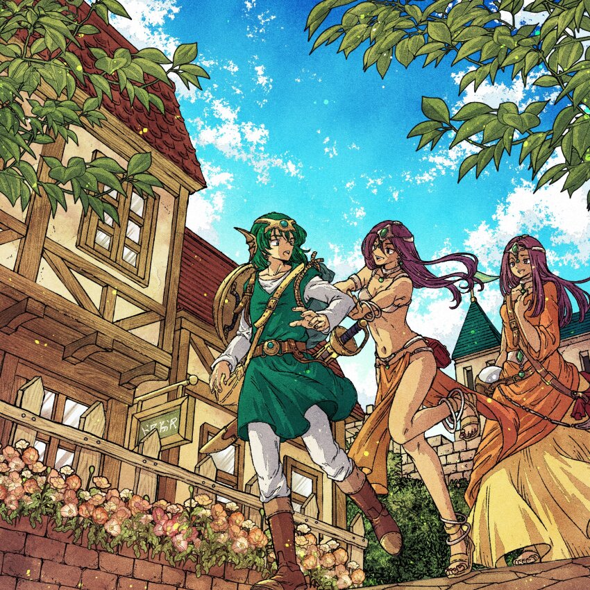 1boy 2girls bare_shoulders belt blue_sky boots branch brown_boots building bush circlet cloud cloudy_sky collarbone commentary_request dancer&#039;s_costume_(dq) dragon_quest dragon_quest_iv dress floating_hair flower full_body green_hair green_tunic harem_outfit hero_(dq4) highres knee_boots loincloth long_hair long_sleeves looking_at_another manya_(dq4) medium_hair minea_(dq4) multiple_girls navel open_mouth orange_dress orange_loincloth outdoors pants parted_bangs pink_flower purple_hair pushing sandals sheath sheathed shield shirt siblings sisters sky stomach sword toriga tunic walking weapon white_pants white_shirt