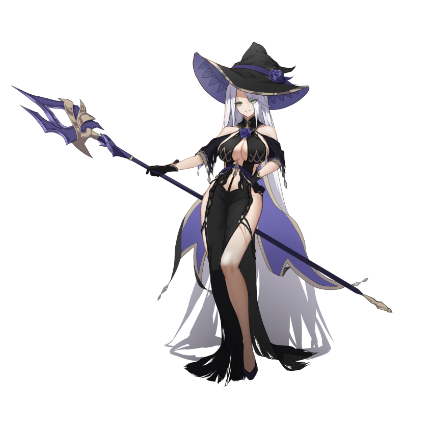 1girl absurdly_long_hair absurdres bare_hips bare_shoulders breasts cape center_opening cleavage eyes_visible_through_hair flower flower_on_chest full_body gloves green_eyes hair_over_one_eye hat highres holding holding_staff holding_weapon large_breasts long_hair mage_staff ningri_(lianyungangwyz) original pelvic_curtain purple_flower purple_rose rose solo staff tachi-e tsurime very_long_hair weapon white_hair witch witch_hat