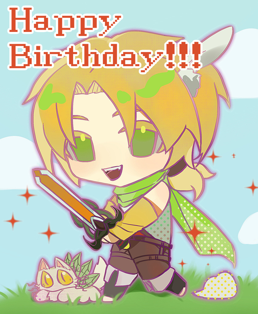 1boy black_boots blonde_hair boots brown_pants chibi chibi_only chinese_commentary cloud colored_eyelashes commentary_request cosplay day detached_sleeves dita_iliner dita_iliner_(cosplay) godzylla_(saibou_shinkyoku) green_eyes green_scarf highres holding holding_sword holding_weapon low_ponytail male_focus moye_qingcha open_mouth outdoors pants parted_bangs ponytail saibou_shinkyoku scarf shinano_eiji smile sword weapon yellow_sleeves
