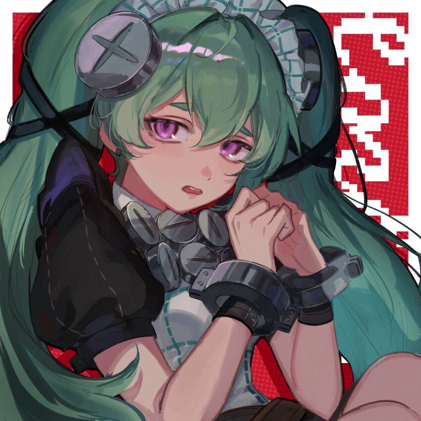 1girl apron breasts corin_wickes cuffs green_hair hair_between_eyes hands_up hashtag-only_commentary highres long_hair looking_at_viewer maid maid_apron maid_headdress open_mouth puffy_short_sleeves puffy_sleeves purple_eyes screw_hair_ornament short_sleeves signal_gnsn simple_background solo twintails zenless_zone_zero
