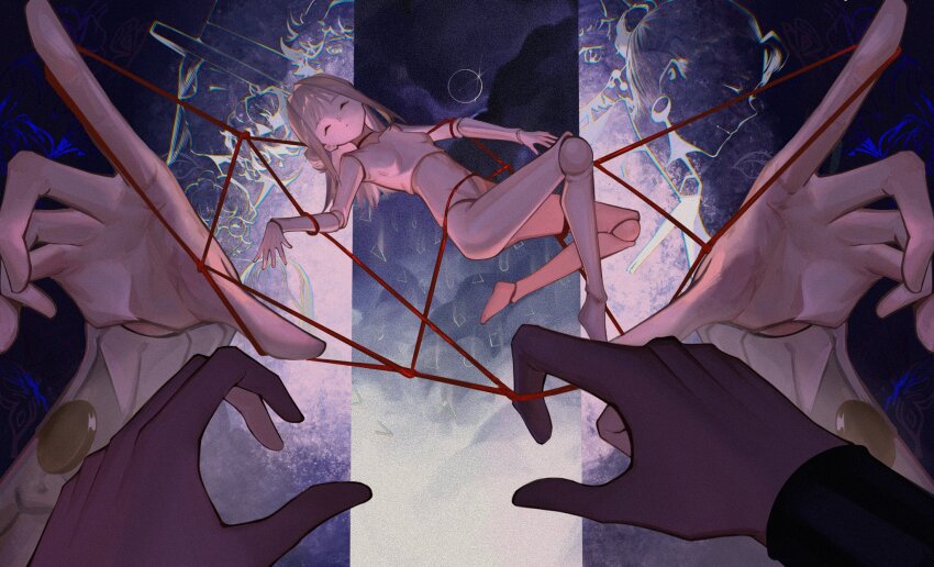 1boy 4girls bound cat&#039;s_cradle constantine_(reverse:1999) dark_background doll doll_joints grey_hair hair_bun hand_focus hands_up highres isabella_(reverse:1999) joints long_sleeves medium_hair mesmer_jr. mini_person minigirl multiple_girls no_nipples nude pov pov_hands reverse:1999 single_side_bun string the_ring_(reverse:1999) vertin_(reverse:1999) weishanli4