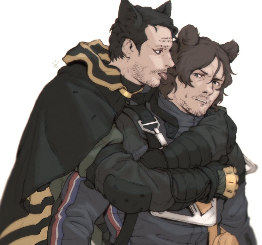 2boys animal_ears bear_ears black_cape black_gloves black_hair black_jacket brown_hair cape couple death_stranding facial_hair gloves goatee hamms_hamss higgs_(death_stranding) highres hood hooded_cape hug hug_from_behind jacket looking_at_another male_focus mature_male multiple_boys mustache sam_porter_bridges short_hair simple_background tongue tongue_out two-tone_cape white_background yaoi yellow_cape
