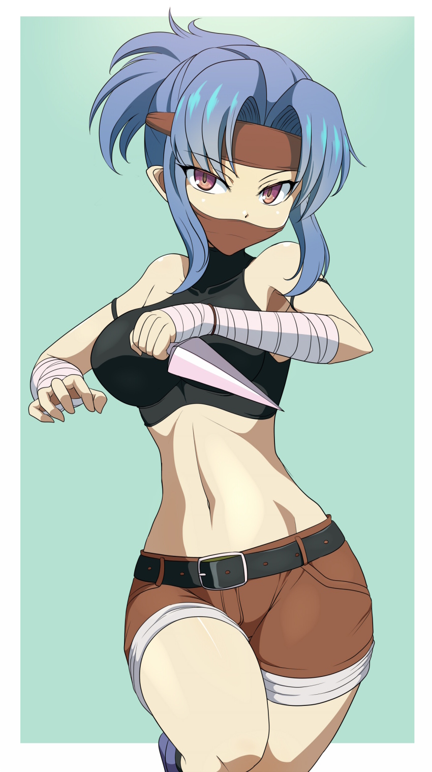 1girl absurdres bandaged_wrist bandages belt black_belt black_sports_bra blue_background breasts brown_eyes brown_headband brown_shorts clam_curry commentary_request curtained_hair dagger feet_out_of_frame headband highres holding holding_dagger holding_knife holding_weapon knife mask medium_breasts midriff mouth_mask navel paid_reward_available reverse_grip rogue_(tales_of_destiny_2) short_hair shorts sidelocks simple_background solo sports_bra tales_of_(series) tales_of_destiny tales_of_destiny_2 two-tone_background weapon white_background