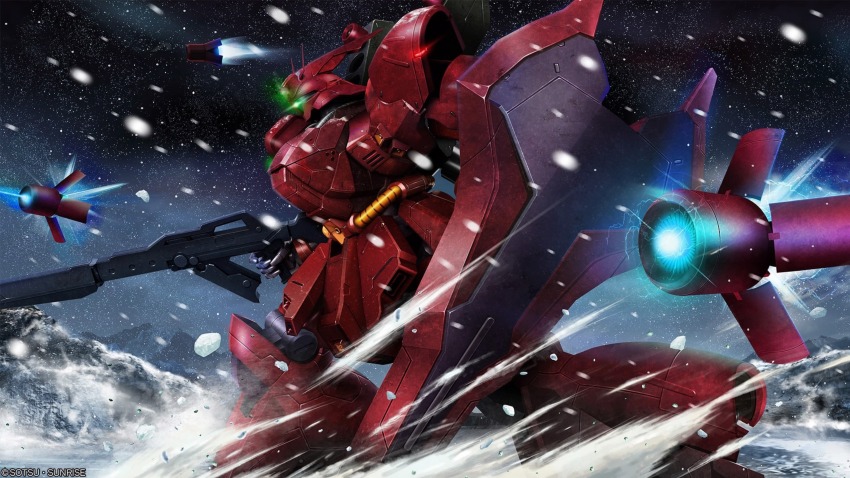 absurdres battle beam_cannon beam_rifle blizzard cable char&#039;s_counterattack company_name copyright_notice energy energy_beam energy_gun firing flying funnels_(gundam) glowing glowing_eye green_eyes gundam gundam_battle_operation_2 gundam_msv highres holding holding_weapon lens_flare machinery mecha mecha_focus mobile_suit mount_kilimanjaro mountain neo_zeon no_humans official_art one-eyed painting_(medium) prototype_sazabi realistic robot sazabi scan science_fiction shield snow solo sunrise_(company) tenjin_hidetaka thrusters traditional_media weapon