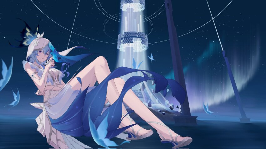 1girl arfrostyne armlet aurora blue_butterfly blue_dress blue_hair blue_veil breasts bug butterfly butterfly_on_hand cleavage commentary dress english_commentary grey_sandals hair_between_eyes half-closed_eyes highres insect jewelry long_hair medium_breasts night night_sky parted_lips pillar purple_eyes sandals shorekeeper_(wuthering_waves) sky sleeveless sleeveless_dress solo star_(sky) starry_sky two-tone_veil veil very_long_hair water white_dress white_veil wuthering_waves