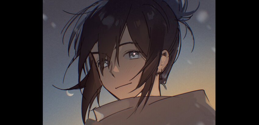 1boy black_border black_hair border closed_mouth floating_hair grey_eyes grey_scarf hair_between_eyes highres kanse0325 looking_at_viewer male_focus nezumi_(no.6) night night_sky no.6 ponytail portrait scarf short_hair short_ponytail sidelocks sky smile snowflakes snowing solo wind