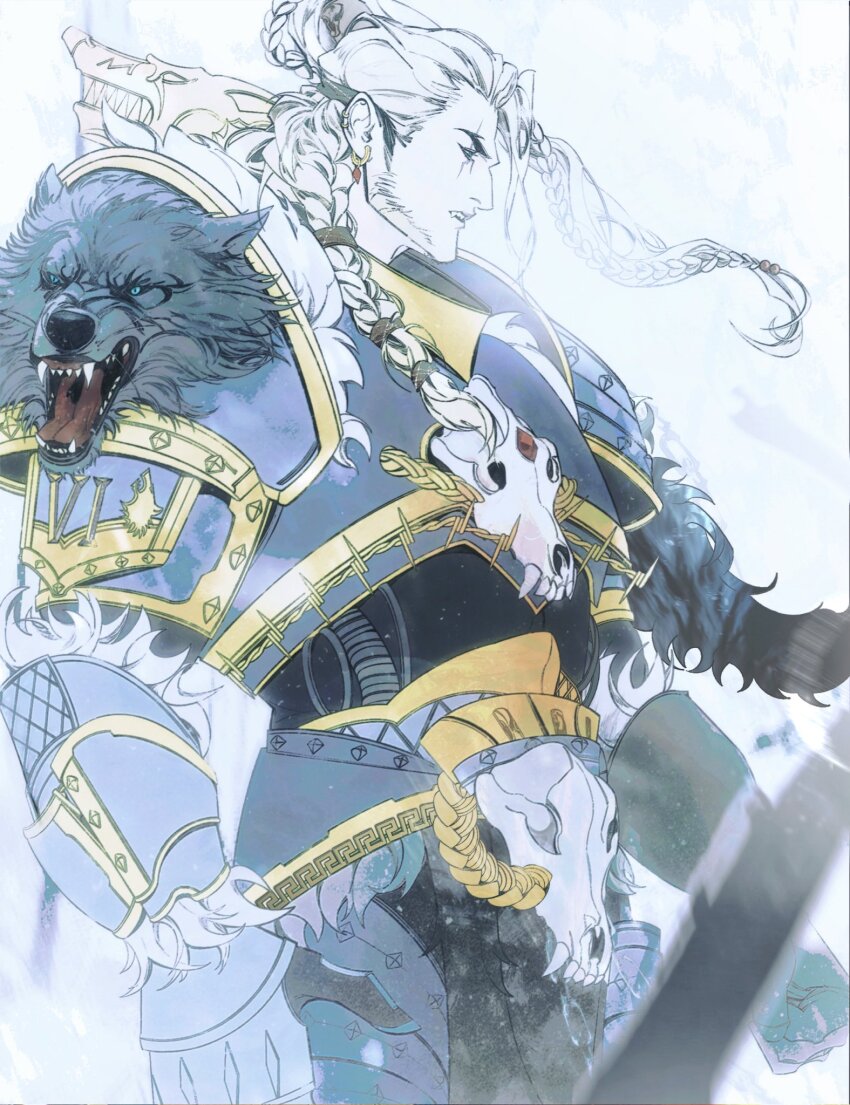 animal_skull armor blue_armor blue_eyes braid breastplate commentary couter crotch_plate cuirass dog_skull english_commentary fangs from_side gauntlets highres jian_tai_(cuoyu0) leg_armor leman_russ long_hair male_focus pauldrons pelvic_curtain power_armor primarch purple_armor purple_eyes rerebrace roman_numeral shoulder_armor skull_ornament space_wolves warhammer_40k white_hair wolf yellow_armor