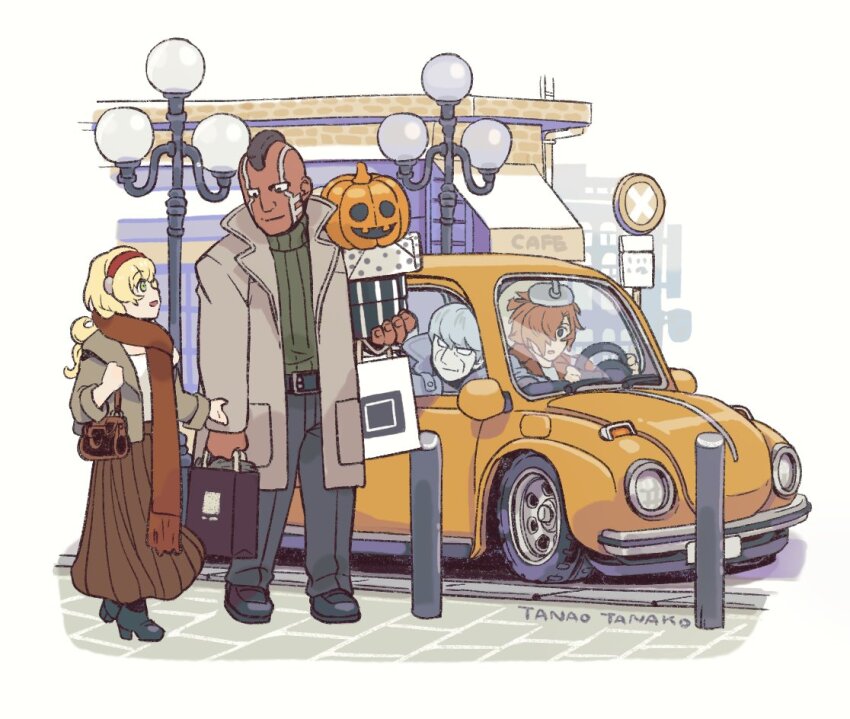 1girl albert_heinrich black_hair blonde_hair brown_hair coat cyborg cyborg_009 francoise_arnoul geronimo_jr green_eyes grey_hair hairband long_hair scarf shimamura_joe short_hair simple_background smile tanaotanako