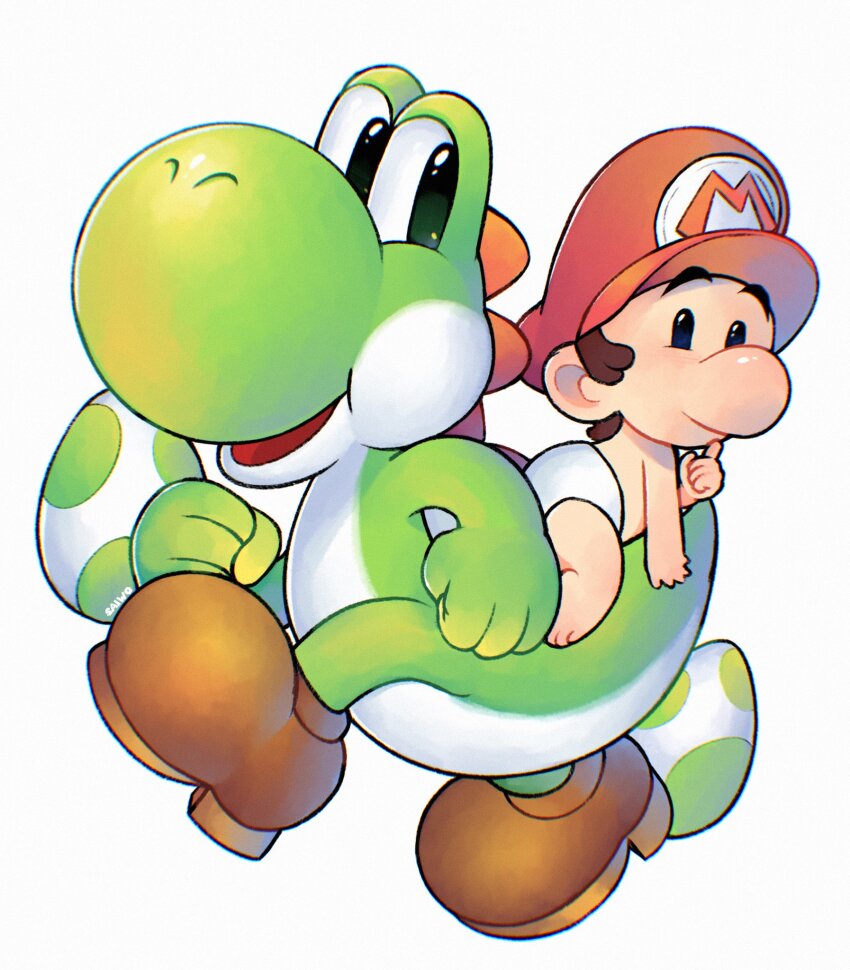 1boy baby_mario boots brown_footwear brown_hair diaper hat highres male_focus mario mario_(series) nintendo open_mouth red_headwear saiwoproject short_hair simple_background super_mario_world_2:_yoshi&#039;s_island white_background yoshi yoshi_egg
