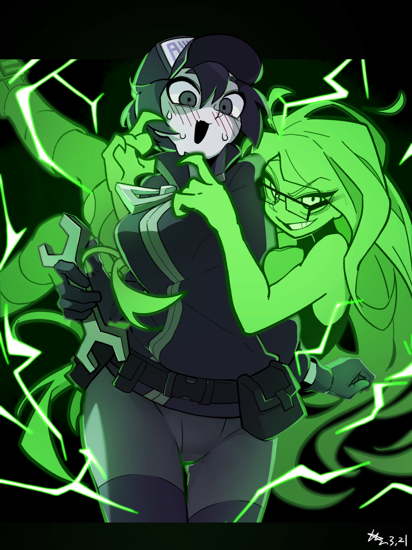 2girls absurdres awaria baseball_cap floating ghost glasses gloves hat highres multiple_girls sadstar115 ula_usterka wrench zofia_zmora