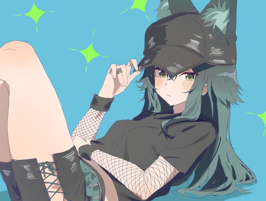 1girl animal_ear_fluff animal_ears baseball_cap belt black_hat black_shirt black_shorts blue_background blush breasts closed_mouth commentary_request cross-laced_clothes cross-laced_shorts crossed_bangs ears_through_headwear feet_out_of_frame fishnet_sleeves fishnets from_side fuguukawaii gakuen_idolmaster green_belt green_eyes green_hair hair_between_eyes hair_flaps hand_on_own_stomach hat highres idolmaster jewelry knees_up long_hair looking_at_viewer lying midriff_peek ring shirt short_sleeves shorts sidelocks simple_background small_breasts solo sparkle thighs torn_clothes torn_hat torn_shorts tsukimura_temari turning_head