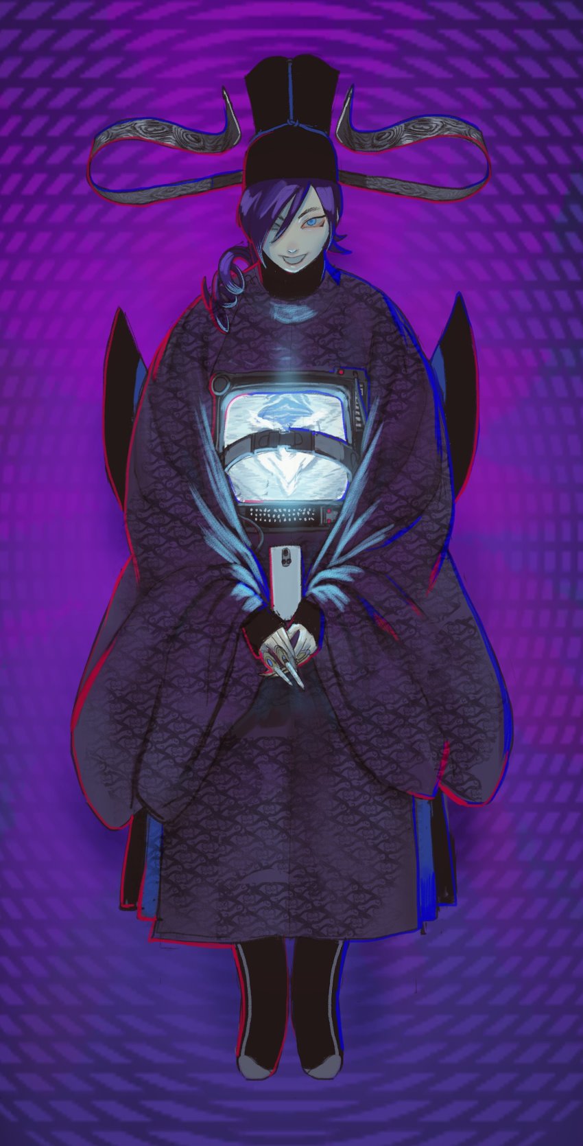 1girl absurdres alternate_costume blue_eyes crt grin hat highres jewelry korean_clothes long_hair long_sleeves looking_at_viewer mossacannibalis purple_hair ring smile solo standing zone-tan zone_(artist)