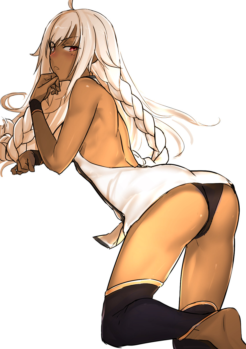 1girl ass back backless_outfit barefoot black_panties blush braid dark-skinned_female dark_skin fate/grand_order fate_(series) female_focus highres i-pan lakshmibai_(fate) long_hair open_mouth panties red_eyes simple_background solo underwear very_long_hair white_background white_hair