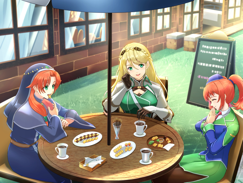 3girls ao_no_kiseki biscuit_(bread) blonde_hair braid brown_gloves cafe chiga_akira commission crown_braid eating eiyuu_densetsu elaine_auclair food fran_seeker gloves hat highres kuro_no_kiseki_(series) kuro_no_kiseki_i long_hair mixed-language_commentary multiple_girls napkin nun orange_hair outdoors pocky police_hat ries_argent sitting skeb_commission sora_no_kiseki traditional_nun twintails uniform zero_no_kiseki
