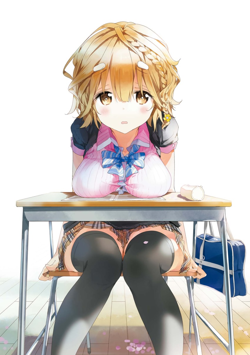 1girl bag black_thighhighs bow bowtie braid breast_rest breasts bright_pupils brown_eyes brown_hair desk female_focus french_braid hair_ornament hairclip highres knees_together_feet_apart koiwai_yoshino large_breasts leaning_forward looking_at_viewer masamune-kun_no_revenge parted_lips pencil_case petals plaid_clothes plaid_skirt pleated_skirt school_bag school_desk school_uniform short_hair side_braid sitting skirt solo thighhighs tiv vest wavy_mouth white_pupils