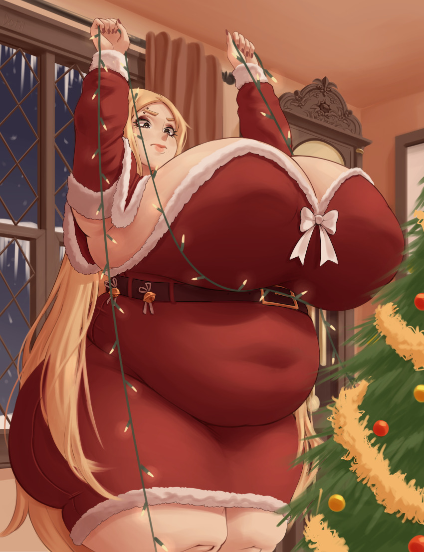 1girl absurdres arina ass belly blonde_hair breast_lift breasts christmas_lights christmas_ornaments christmas_tree cleavage covered_navel dotil dress eyebrow_piercing eyelashes eyeshadow face_piercing fat fat_woman female_focus gigantic_breasts highres huge_ass ice indoors makeup navel night obese original piercing red_dress santa_costume santa_dress solo standing thick_thighs thighs wide_hips wings
