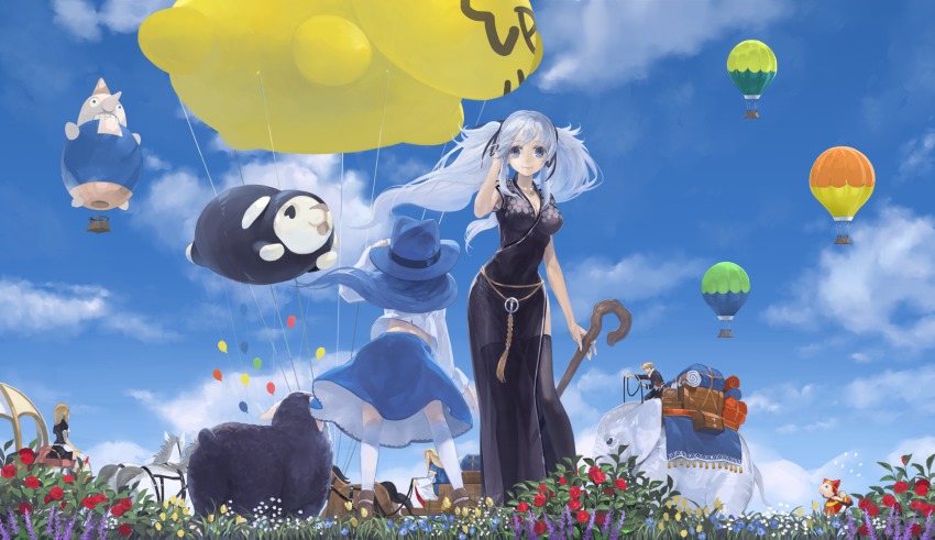 1boy 4girls balloon bassanio blue_eyes blue_hair breasts china_dress chinese_clothes cleavage cloud day dress elephant highres horse large_breasts long_hair lorna mabinogi multiple_girls nao_(mabinogi) pan_(mabinogi) portia see-through_clothes sheep skirt sky thighhighs toro_(konirio)
