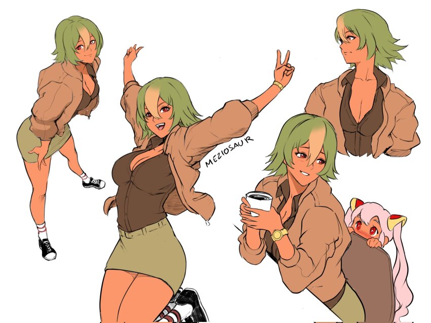 2girls artist_name black_shoes blonde_hair blush bracelet breasts brown_jacket brown_shirt brown_skirt chair cleavage closed_mouth collarbone collared_shirt cup double_v fire_emblem fire_emblem_heroes full_body gold_bracelet green_hair hair_between_eyes hair_ornament highres holding holding_cup jacket jewelry jumping laegjarn_(fire_emblem) laevatein_(fire_emblem) long_hair looking_at_another looking_at_viewer looking_to_the_side medium_breasts meziosaur miniskirt multicolored_hair multiple_girls multiple_views nintendo on_chair open_collar open_mouth pencil_skirt pink_hair red_eyes shirt shoes short_hair siblings sisters sitting skirt smile socks standing streaked_hair teeth thighs v very_long_hair white_socks