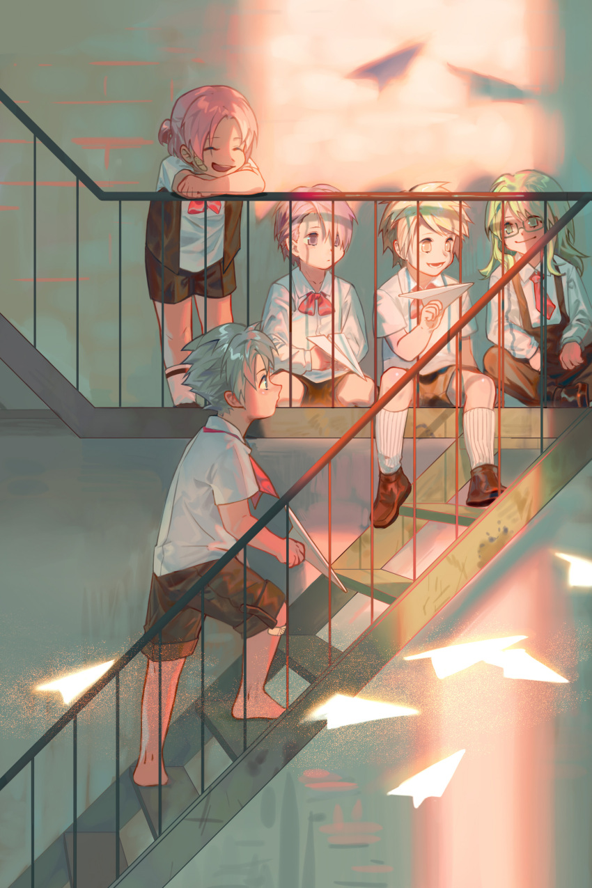 5boys :d ^_^ absurdres against_railing aged_down bandaid bandaid_on_knee bandaid_on_leg barefoot bernardo_ortolani black_overalls black_shorts black_vest blonde_hair bow bowtie brick_wall brown_footwear child closed_eyes closed_mouth collared_shirt commentary crack_of_light expressionless full_body giancarlo_bourbon_del_monte giulio_di_bondone glasses green_eyes green_hair grey_eyes grey_hair hair_behind_ear hair_between_eyes hair_over_one_eye hair_slicked_back half_updo highres holding holding_paper_airplane indian_style ivan_fiore long_hair long_sleeves looking_at_another luchino_gregoretti lucky_dog_1 male_focus multiple_boys neck_ribbon necktie open_clothes open_mouth open_vest overalls paper_airplane parted_bangs pink_hair profile purple_eyes purple_hair railing red_bow red_bowtie red_necktie red_ribbon ribbon shadow shirt shoes short_hair short_sleeves shorts sitting smile socks spiked_hair stairs standing swept_bangs symbol-only_commentary teeth upper_teeth_only vest walking wariza white_socks xiaoquandianer yellow_eyes