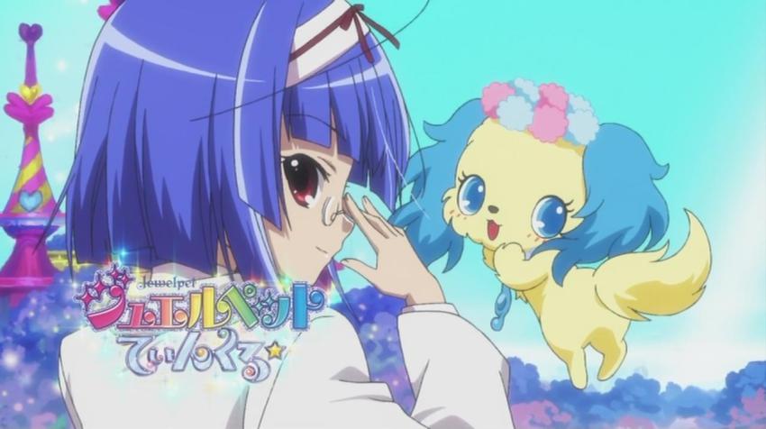 1girl :3 adjusting_eyewear anime_screenshot blue_hair day female_focus from_behind glasses hairband jewelpet_(series) jewelpet_twinkle looking_back purple_eyes sapphie_(jewelpet) sara_(jewelpet_twinkle) short_hair sky solo upper_body