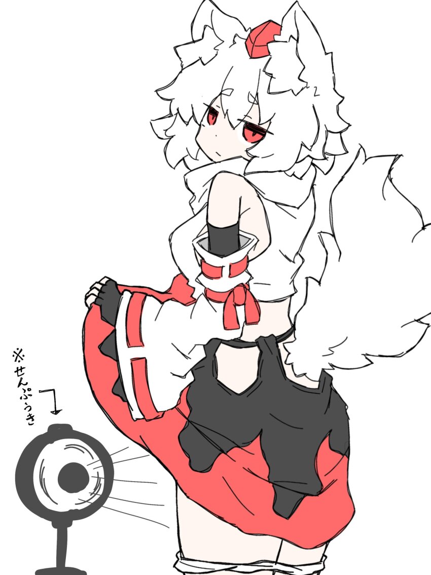 1girl animal_ear_fluff animal_ears black_gloves black_skirt breasts closed_mouth clothes_lift clothing_cutout commentary_request cowboy_shot detached_sleeves elbow_gloves electric_fan expressionless fanning_crotch fingerless_gloves fumomono gloves hat highres hip_vent inubashiri_momiji lifting_own_clothes looking_at_viewer looking_to_the_side medium_breasts panties panty_pull red_eyes red_hat red_skirt ribbon-trimmed_sleeves ribbon_trim shirt short_hair simple_background skirt skirt_lift sleeveless sleeveless_shirt solo tail tail_through_clothes tokin_hat touhou translated turtleneck turtleneck_shirt two-tone_skirt underwear white_background white_hair white_panties white_shirt white_sleeves wolf_ears wolf_girl wolf_tail