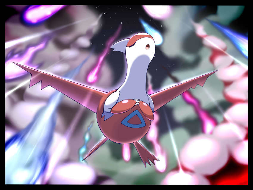 absurdres blurry claws closed_eyes commentary draco_meteor_(pokemon) eyelashes full_body gen_3_pokemon highres latias legendary_pokemon night nintendo no_humans open_mouth outdoors own_hands_together pokemon pokemon_(creature) shabana_may sky smoke star_(sky) tongue