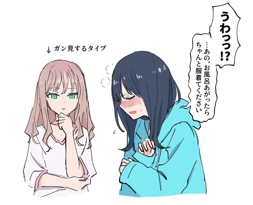 black_hair blush brown_hair green_eyes gridman_universe gridman_universe_(movie) highres himagosan hood hooded_jacket jacket long_hair long_sleeves minami_yume multiple_girls open_mouth shirt speech_bubble takarada_rikka translation_request upper_body
