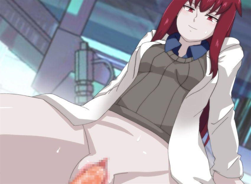 1boy 1girl censored chihashi_keishuu clothed_sex cow_girl hetero lab_coat long_hair mon-musu_quest! pale_skin promestein red_eyes red_hair solo_focus straddling vaginal