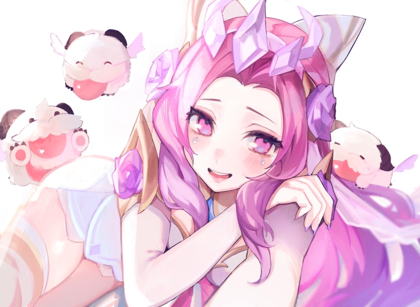 1girl :d bare_shoulders detached_sleeves flower hair_flower hair_ornament highres league_of_legends long_hair nail_polish nakiyande open_mouth pink_eyes pink_flower pink_hair pink_nails poro_(league_of_legends) seraphine_(league_of_legends) shiny_skin smile solo teeth tongue tongue_out upper_teeth_only