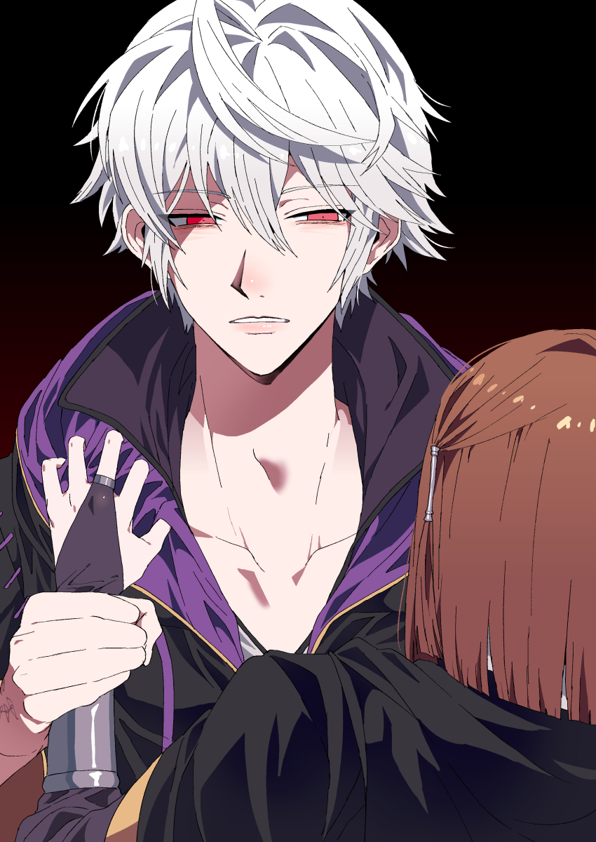 1boy 1girl absurdres bridal_gauntlets fire_emblem fire_emblem_awakening grabbing_another&#039;s_arm hair_tubes highres looking_at_another male_robin_(fire_emblem) male_robin_(grima)_(fire_emblem) miriel_(fire_emblem) nintendo red_eyes tsujii_luki white_hair wrist_guards
