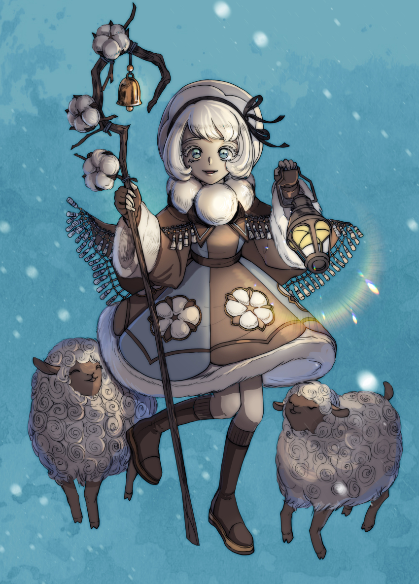 1girl absurdres bell black_ribbon blue_background blue_eyes boots brown_boots brown_capelet brown_dress brown_gloves capelet chenovellia cookie_run cookie_run:_kingdom cotton_boll cotton_cookie dress fingerless_gloves full_body fur-trimmed_dress fur-trimmed_sleeves fur_hat fur_trim gloves hat hat_ribbon highres holding holding_lantern holding_staff humanization knee_boots lantern long_sleeves looking_at_viewer parted_lips ribbon sheep shepherd shepherd&#039;s_crook short_bangs short_hair smile snowing solo staff standing standing_on_one_leg white_hair