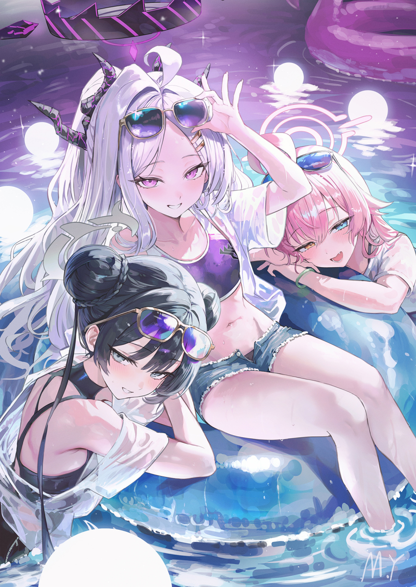 3girls adjusting_eyewear ahoge black_hair black_halo black_one-piece_swimsuit blue_archive blue_eyes blush bracelet braid braided_bun demon_horns denim denim_shorts double_bun duplicate eyewear_on_head fang frayed_shorts grey_eyes grin hair_bun hair_ornament hairclip halo heterochromia highres hina_(blue_archive) horns hoshino_(blue_archive) innertube jewelry kisaki_(blue_archive) long_hair midriff multiple_girls multiple_horns myung_yi navel one-piece_swimsuit open_mouth orange_eyes parted_bangs parted_lips partially_submerged pink_eyes pink_hair pink_halo pixel-perfect_duplicate shirt short_shorts short_sleeves shorts smile sunglasses swim_ring swimsuit twintails unbuttoned water wet wet_clothes white_hair white_shirt