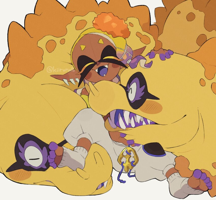 blonde_hair closed_eyes colored_extremities colored_eyelashes colored_tongue dark-skinned_female dark_skin earrings eel fangs frye_(deep_cut_outfit)_(splatoon) frye_(splatoon) gradient_hair highres inkling jewelry kiirono multicolored_hair nintendo open_mouth pants pointy_ears short_eyebrows smile splatoon_(series) splatoon_3 tentacle_hair toeless_legwear white_pants