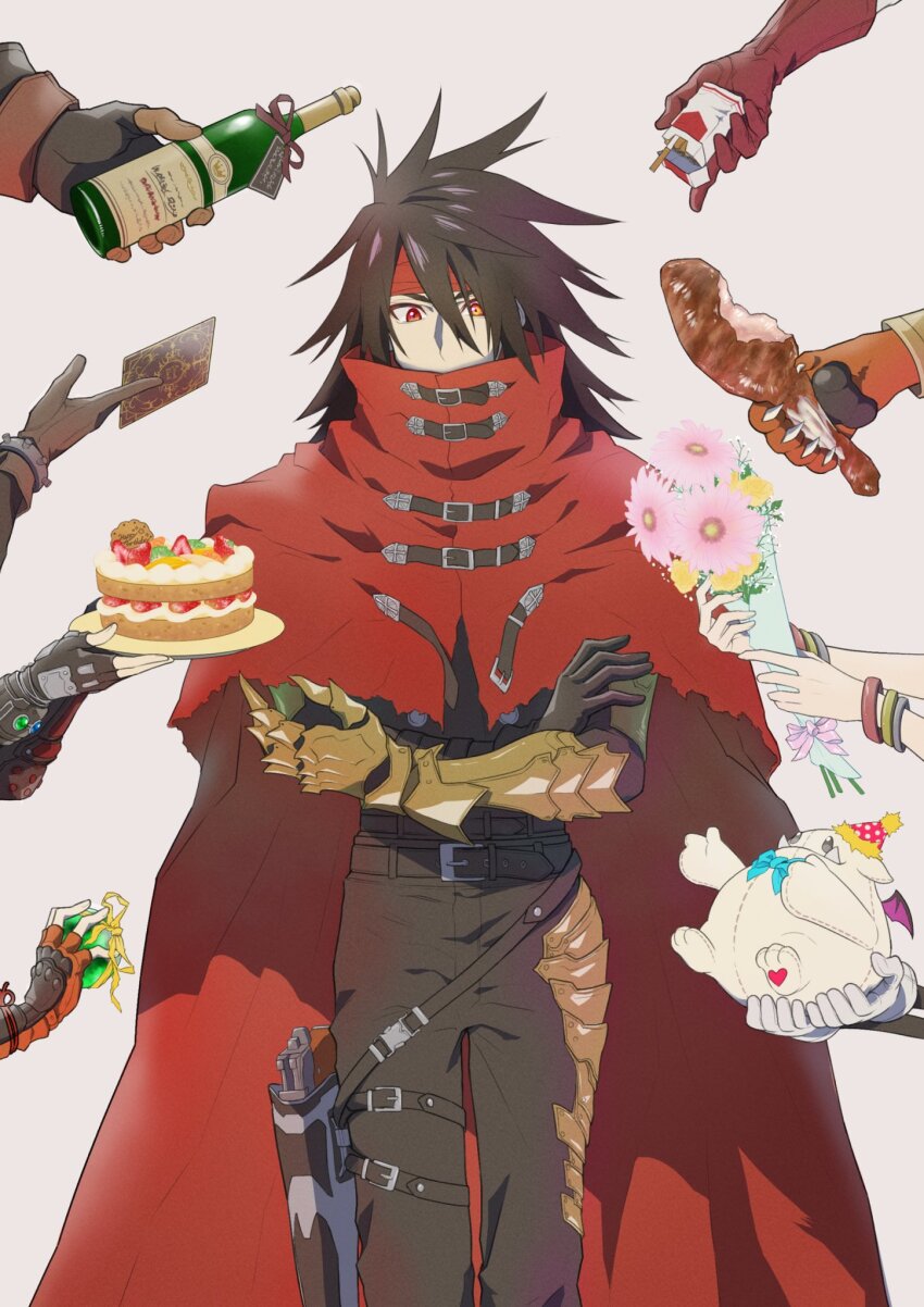3girls 5boys aerith_gainsborough barret_wallace birthday black_gloves black_hair black_pants bottle bouquet cait_sith_(final_fantasy) cape card cid_highwind cigarette_pack clawed_gauntlets cloak cloud_strife commentary_request covered_mouth cowboy_shot crossed_arms feet_out_of_frame final_fantasy final_fantasy_vii final_fantasy_vii_rebirth final_fantasy_vii_remake flower food gauntlets gloves hair_between_eyes happy_birthday highres holding holding_bottle holding_bouquet holding_card holding_food holding_plate long_hair materia meat moogle multiple_boys multiple_girls pants plate red_cape red_cloak red_eyes red_xiii single_gauntlet single_glove spiked_hair star_klef tifa_lockhart vincent_valentine yuffie_kisaragi