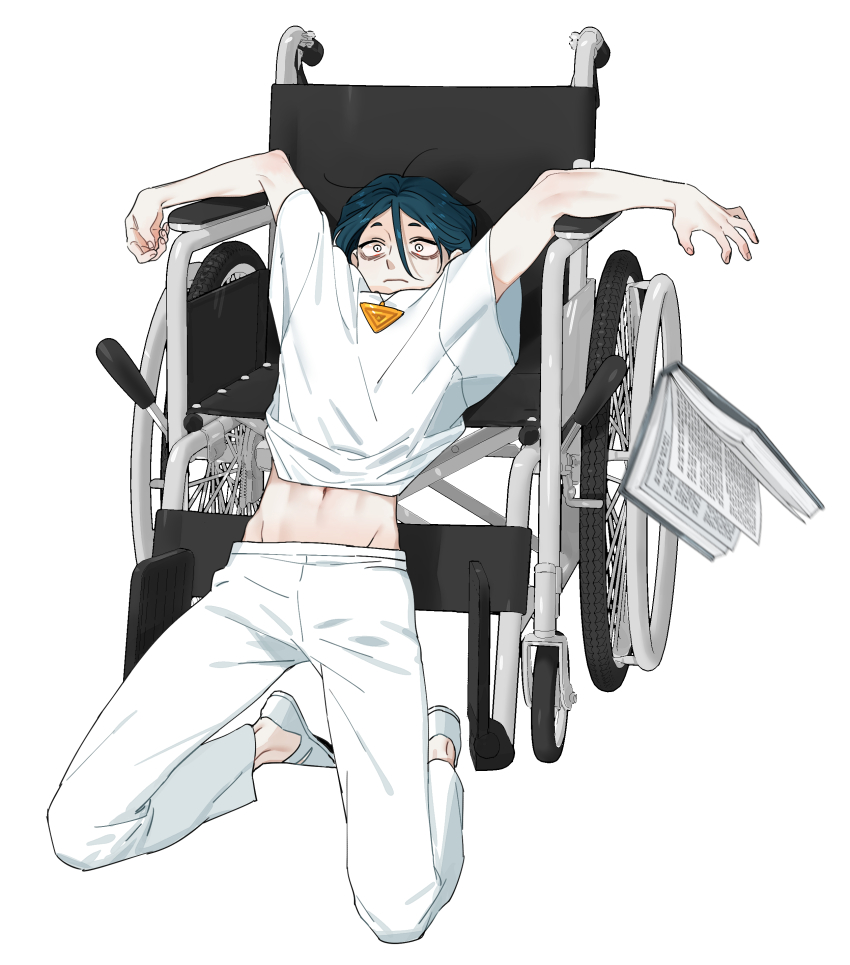 1boy absurdres arms_up blue_hair clothes_lift commentary_request constricted_pupils full_body highres kneeling looking_at_viewer maelo male_focus meguriya_ayumu navel pants sanpaku shirt shirt_lift shoes short_hair short_sleeves simple_background solo toshi_densetsu_kaitai_center triangle_necklace wheelchair white_background white_pants white_shirt white_shoes yellow_eyes