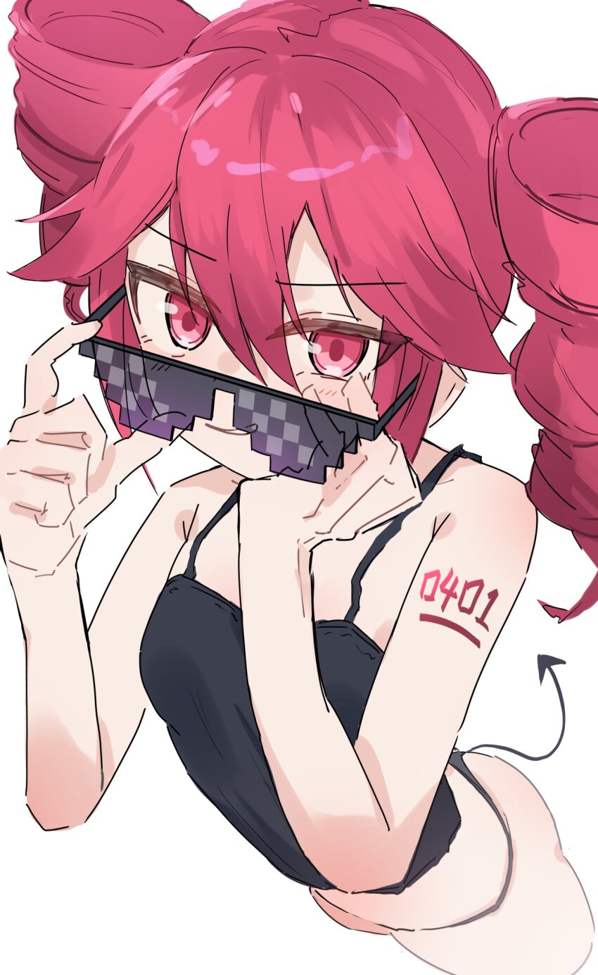 1girl adjusting_eyewear bare_shoulders black_panties black_shirt blush deal_with_it_(meme) demon_tail drill_hair from_above hand_on_eyewear hand_on_own_face highres kasane_teto looking_at_viewer meme number_tattoo panties red_eyes red_hair shirt sleeveless sleeveless_shirt solo sunglasses tail tattoo thinker25075754 twin_drills underwear upper_body vocaloid