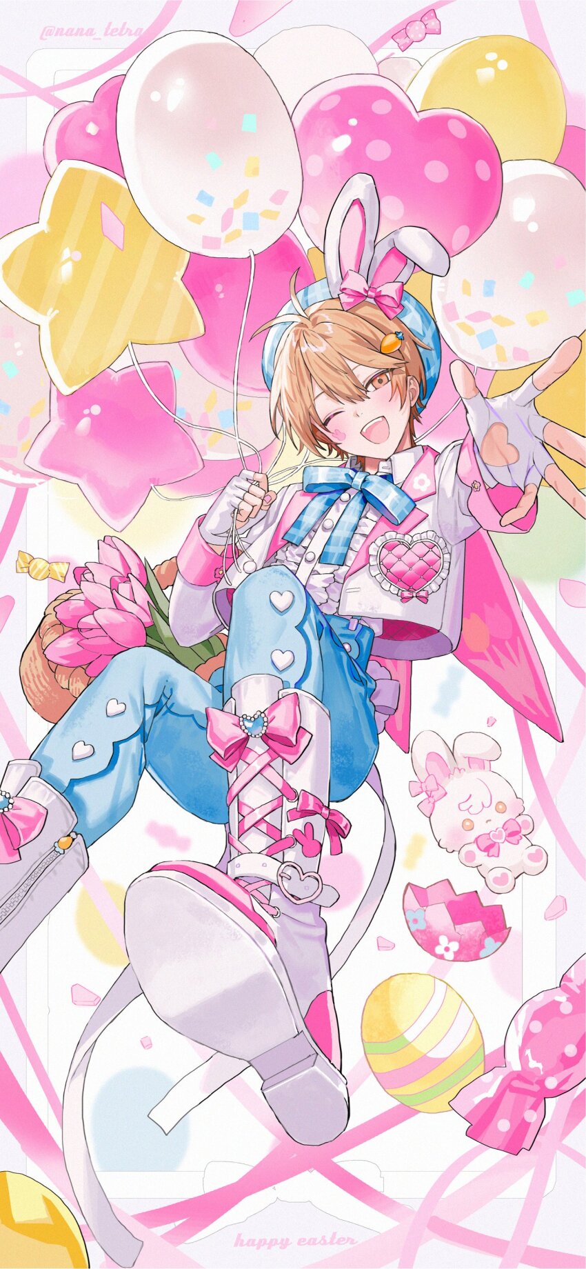 1boy absurdres animal_ears antenna_hair balloon basket blonde_hair blue_hat blue_pants blue_ribbon blush boots bow carrot_hair_ornament clothing_cutout collared_shirt commentary cropped_jacket easter_egg egg english_text facial_mark fake_animal_ears fingerless_gloves flower food food-themed_hair_ornament foot_out_of_frame glove_cutout gloves hair_between_eyes hair_ornament happy_easter hashtag-only_commentary hat heart_balloon heart_cutout highres holding holding_balloon jacket looking_at_viewer male_focus nana_tetra neck_ribbon one_eye_closed open_mouth orange_eyes original pants pink_bow pink_flower pink_ribbon pink_wrist_cuffs rabbit_ears reaching reaching_towards_viewer ribbon shirt short_hair smile solo star_balloon stuffed_animal stuffed_rabbit stuffed_toy sweets symbol-only_commentary teeth twitter_username upper_teeth_only white_boots white_gloves white_jacket white_ribbon white_shirt wrist_cuffs