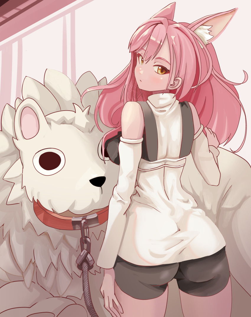 1girl 1other absurdres animal_ears ass bare_shoulders bike_shorts black_shorts breasts cat_ears collar dress from_behind goddess_of_victory:_nikke highres jin_u large_breasts leona_(nikke) lion long_hair looking_at_viewer looking_back pink_hair short_dress short_shorts shorts sideboob timi_(nikke) timmie_(nikke) yellow_eyes