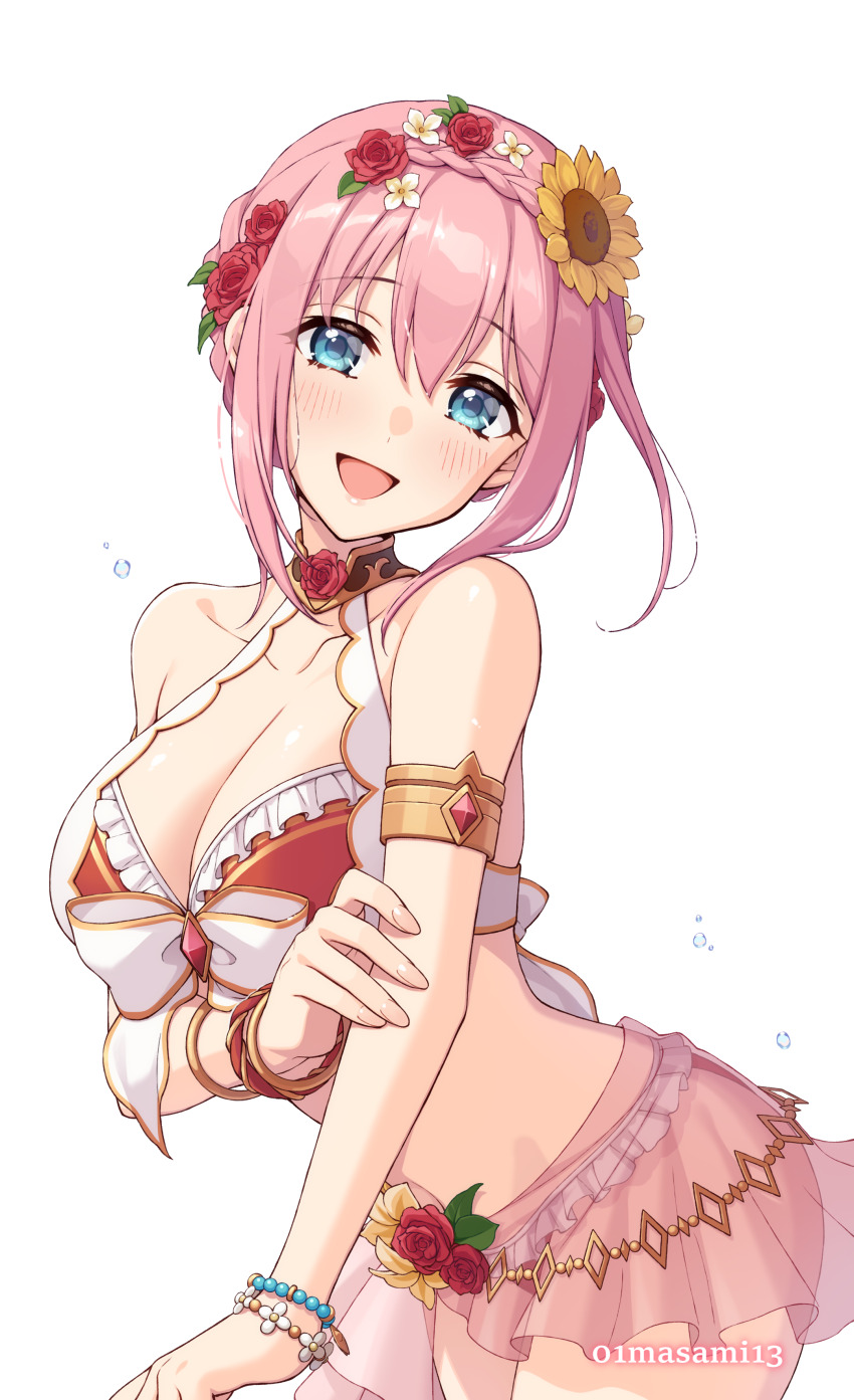 1girl absurdres artist_name bikini blue_eyes blush breasts flower hair_flower hair_ornament highres large_breasts looking_at_viewer masami_(souzou_jinsei_sanka) open_mouth pink_hair pink_skirt princess_connect! red_bikini red_flower red_rose rose simple_background skirt smile solo sunflower swimsuit thighs white_background white_bikini yui_(princess_connect!) yui_(summer)_(princess_connect!)