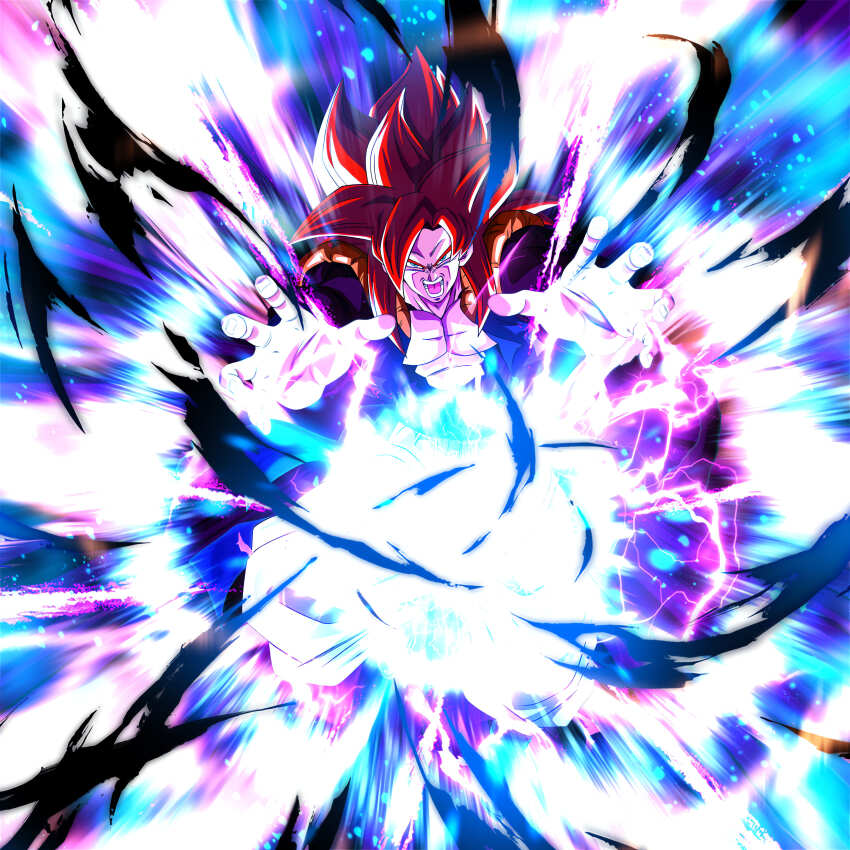 absurdres big_bang_kamehameha blue_eyes powering_up dragon_ball dragon_ball_gt dragon_ball_legends energy fusion gogeta highres incoming_attack kamehameha_(dragon_ball) looking_at_viewer muscular muscular_male official_art powering_up red_hair screaming serious super_saiyan super_saiyan_4 tagme