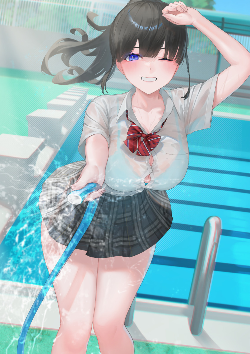 1girl absurdres black_hair blue_bra blue_eyes bow bowtie bra bra_visible_through_clothes breasts cleavage collarbone collared_shirt grey_skirt hand_up highres holding holding_hose hose large_breasts looking_at_viewer one_eye_closed original pool pool_ladder red_bow red_bowtie rushian shirt skirt smile solo underwear water wet wet_clothes wet_shirt
