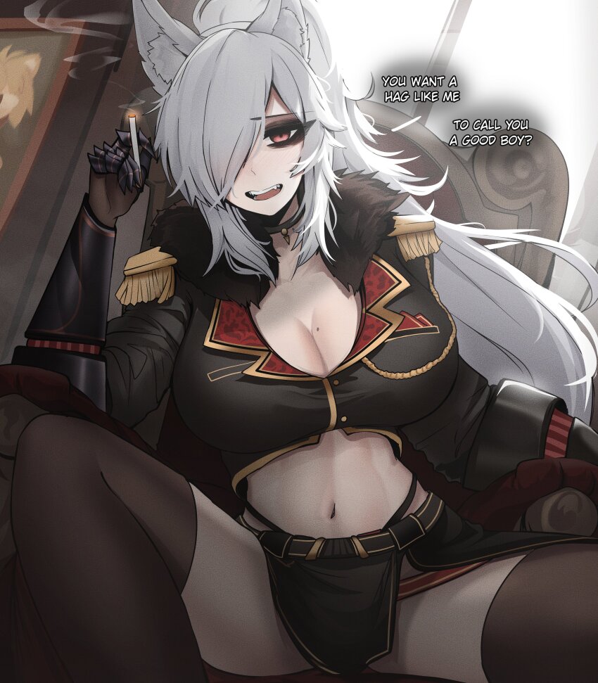 1girl absurdres animal_ear_fluff animal_ears black_eyeshadow breasts choker cigarette commentary commission cropped_jacket discordia_(vtuber) english_commentary epaulettes eyeshadow fox_ears fox_girl fox_tail fur-trimmed_jacket fur_collar fur_trim furrowed_brow hair_over_one_eye highres holding holding_cigarette indie_virtual_youtuber jacket large_breasts long_hair long_sleeves looking_at_viewer makeup mikuneki mole mole_on_breast navel neco-arc painting_(object) red_eyes sitting smoke solo tail thighs throne virtual_youtuber white_hair