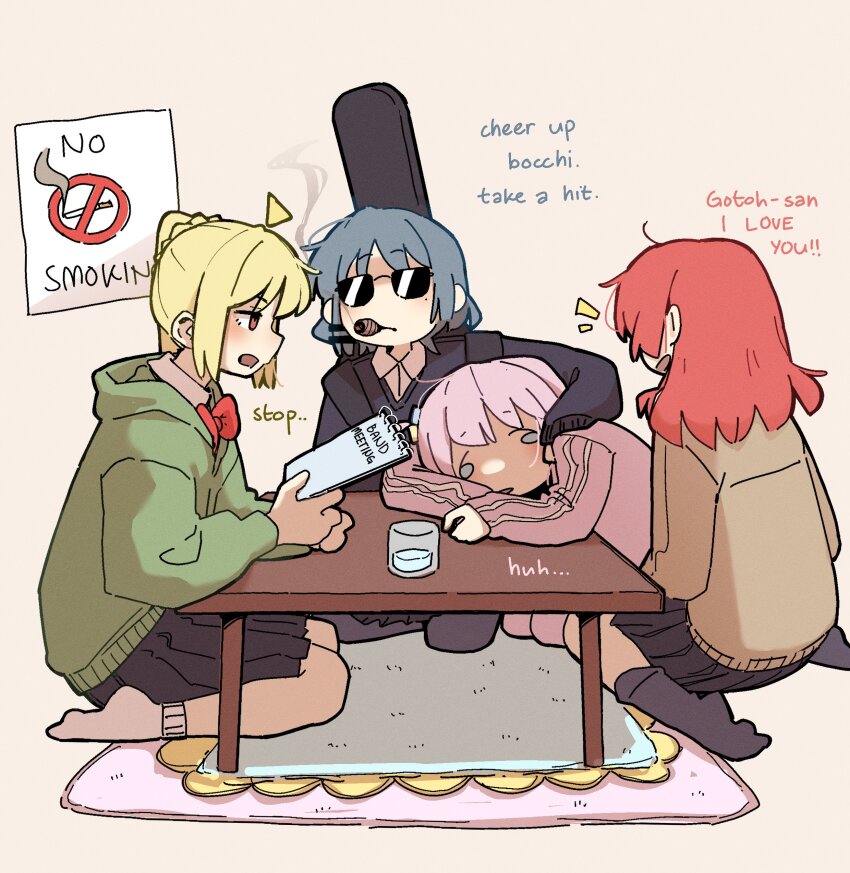 4girls absurdres ahoge arm_around_shoulder black_skirt black_socks blonde_hair blue_hair bocchi_the_rock! brown_cardigan brown_serafuku cardigan cigar cube_hair_ornament detached_ahoge english_text gotoh_hitori green_jacket hair_ornament hairclip highres hood hood_down hooded_jacket ijichi_nijika instrument_case jacket kessoku_band kita_ikuyo kneeling long_hair machuuu68 medium_hair mole mole_under_eye multiple_girls no_shoes pink_hair pink_track_suit pleated_skirt red_eyes red_hair school_uniform serafuku shuka_high_school_uniform side_ahoge side_ponytail skirt sleeves_past_wrists smoking socks sunglasses table track_suit yamada_ryo