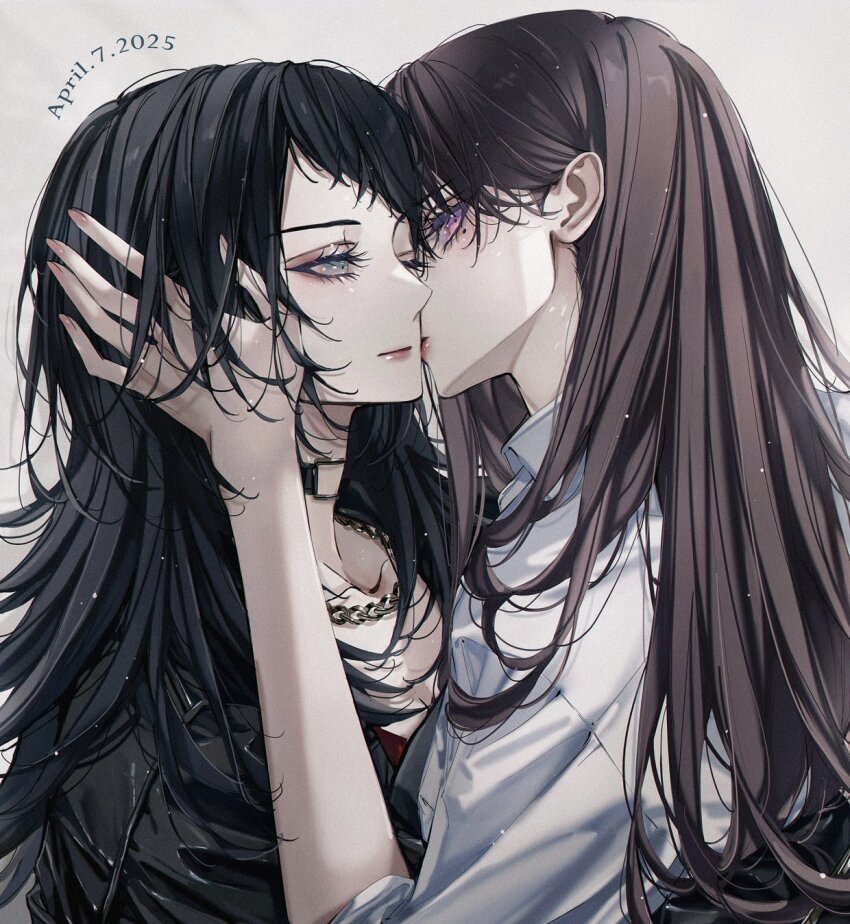 2girls bang_dream! bang_dream!_it&#039;s_mygo!!!!! black_choker black_hair black_jacket blackfangs breasts brown_hair choker cleavage closed_mouth commentary_request dated hand_on_another&#039;s_cheek hand_on_another&#039;s_face highres hug jacket long_hair mole mole_under_eye multiple_girls o-ring o-ring_choker purple_eyes shiina_taki upper_body white_jacket yahata_umiri yuri